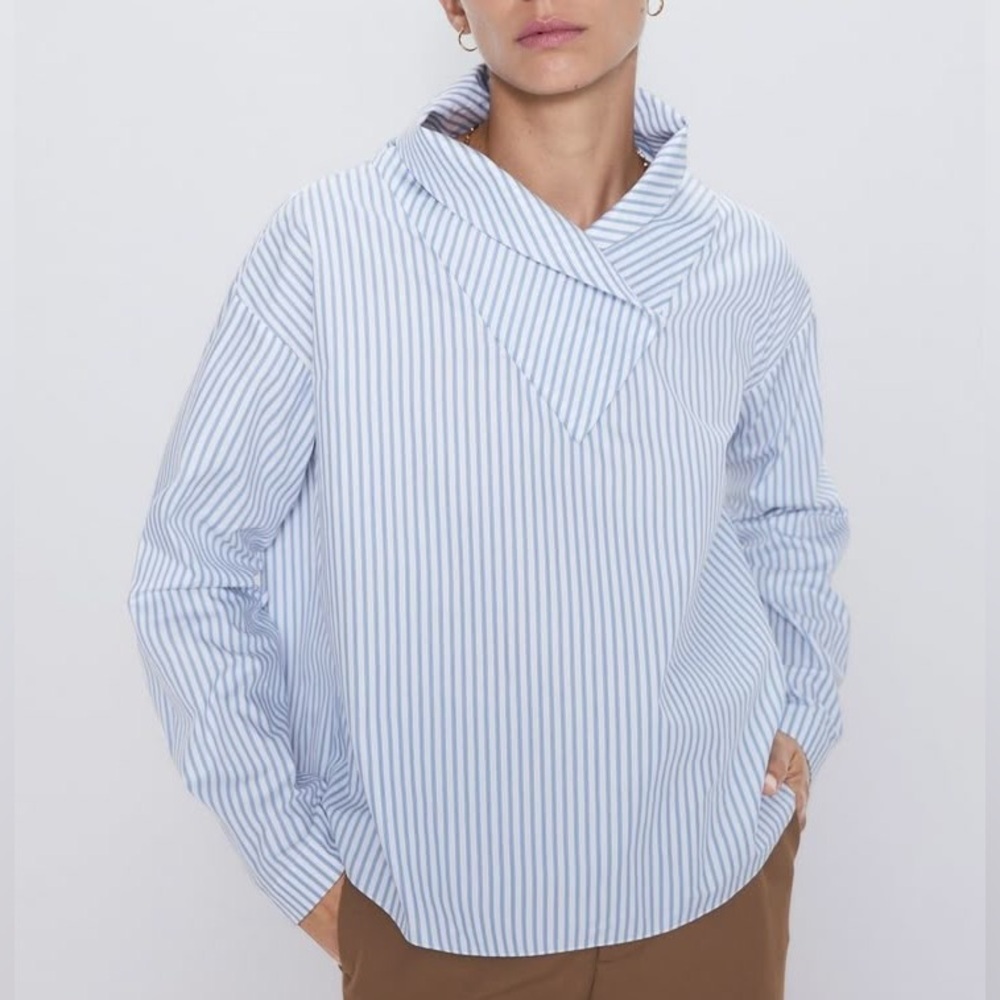 Zara Asymmetrical Collar Striped Top Blue White XSmall Relaxed Fit